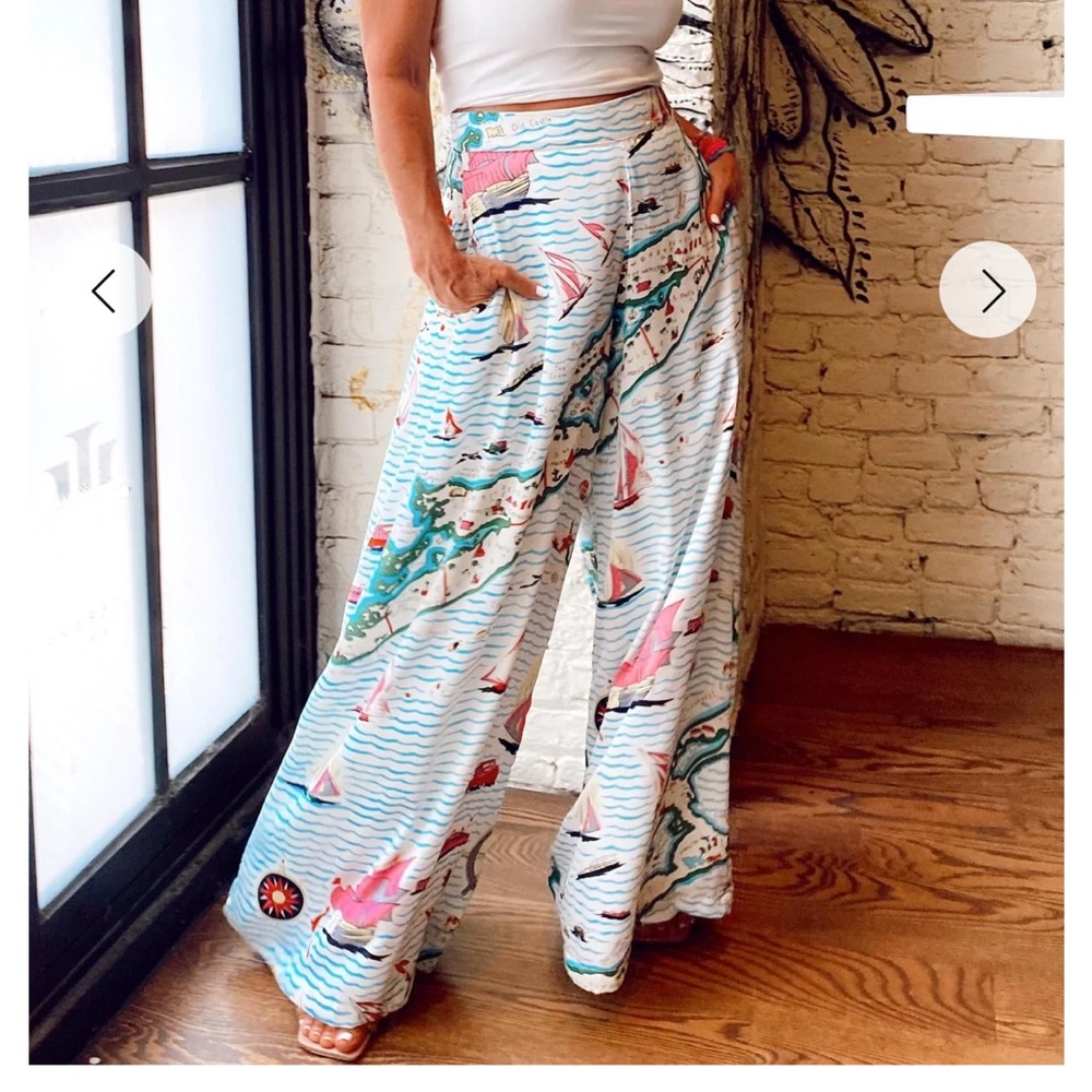 NWT Eva Franco Anthropologie Torrey Wide Leg Pants Sailboats 2 High Waisted - Picture 2 of 9